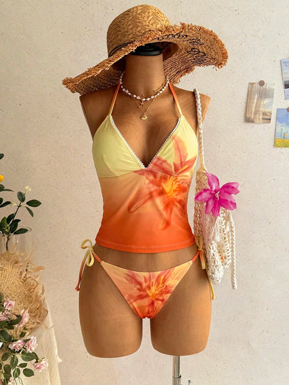 Soleia Women's Summer Beach Floral Print Halter Tie Tankini And Triangle Tankini Swimwear Set