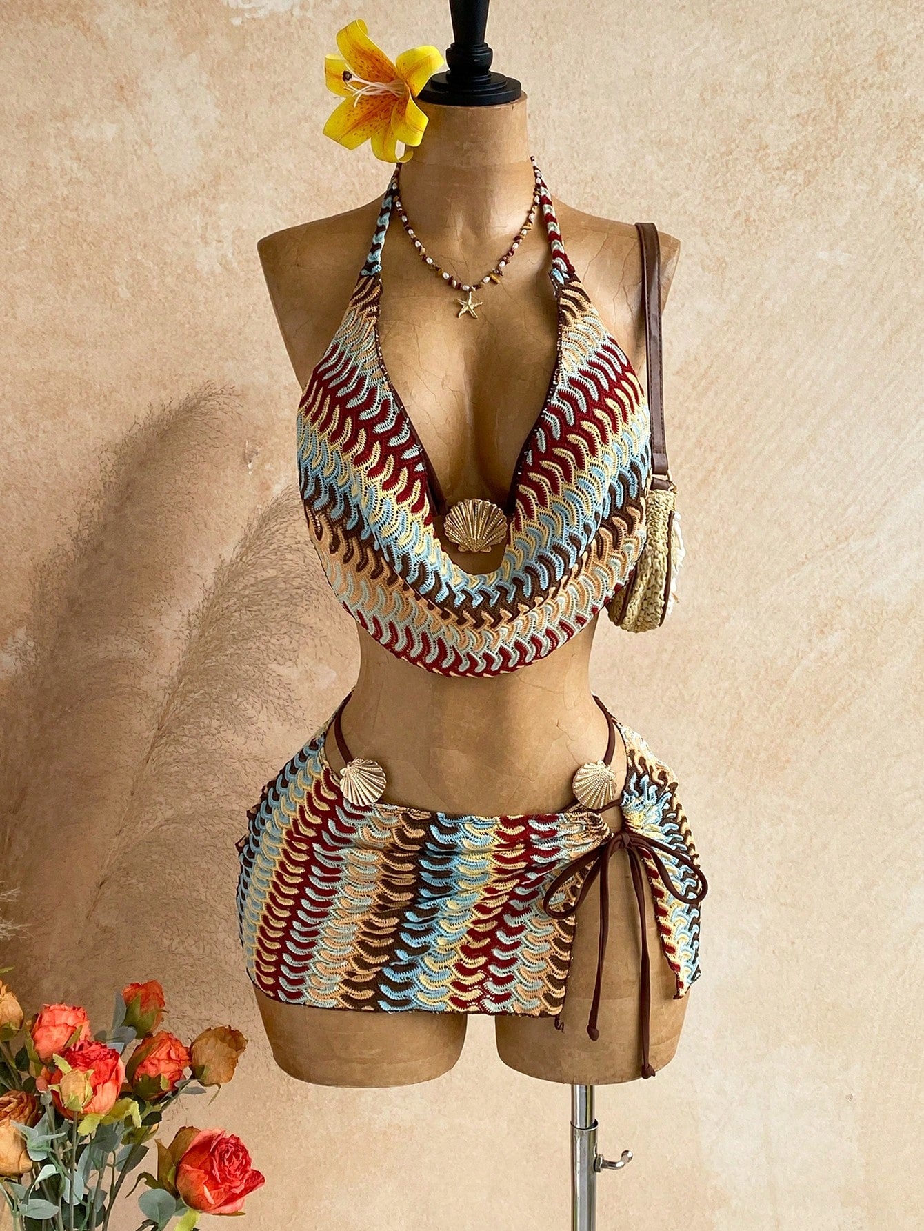 Soleia Women's Summer Beach Patchwork Halter Tie Tankini Top And Triangle Bottoms Swimwear Set With Mini Skirt