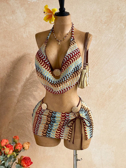 Soleia Women's Summer Beach Patchwork Halter Tie Tankini Top And Triangle Bottoms Swimwear Set With Mini Skirt