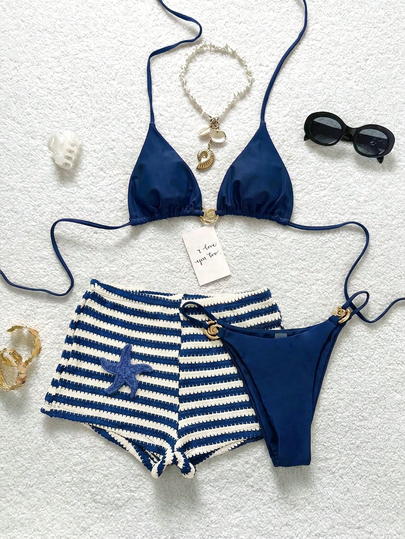 Soleia Women's Summer Beach Solid Color Halter Neck Tie Sexy Fashion Bikini Two-Piece Swimsuit Set With Striped Shorts Bathing Suits For Women