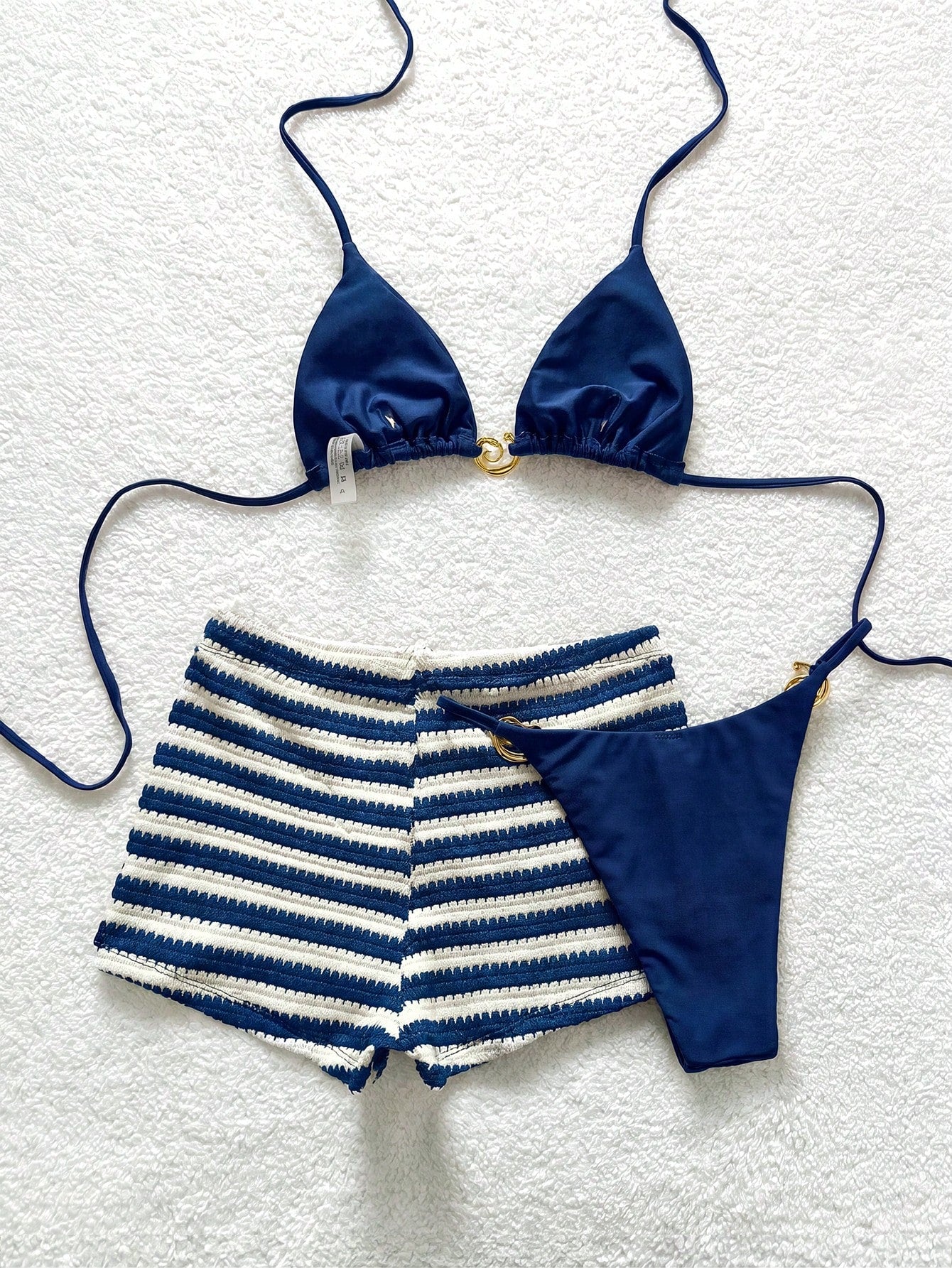 Soleia Women's Summer Beach Solid Color Halter Neck Tie Sexy Fashion Bikini Two-Piece Swimsuit Set With Striped Shorts Bathing Suits For Women
