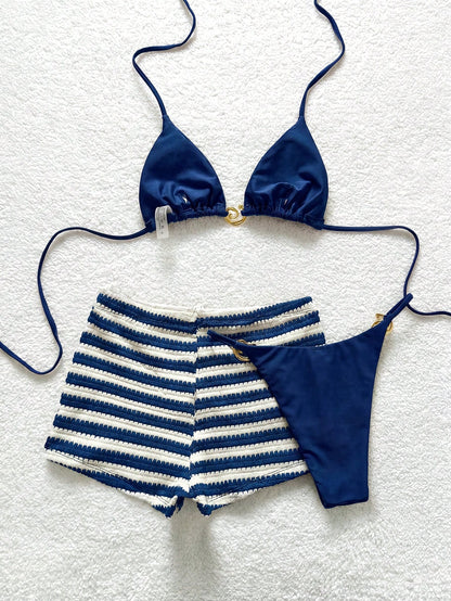 Soleia Women's Summer Beach Solid Color Halter Neck Tie Sexy Fashion Bikini Two-Piece Swimsuit Set With Striped Shorts Bathing Suits For Women