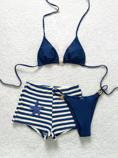 Soleia Women's Summer Beach Solid Color Halter Neck Tie Sexy Fashion Bikini Two-Piece Swimsuit Set With Striped Shorts Bathing Suits For Women