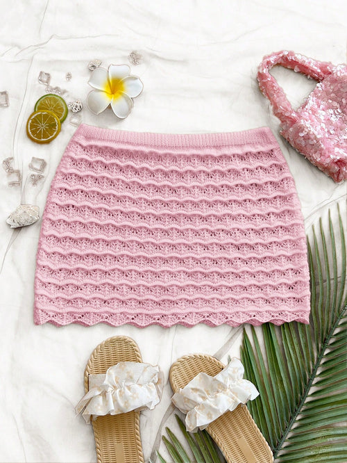 Soleia Women's Summer Beach Vacation Solid Color Hollow-Out Knit Cover Up & Skirt Set