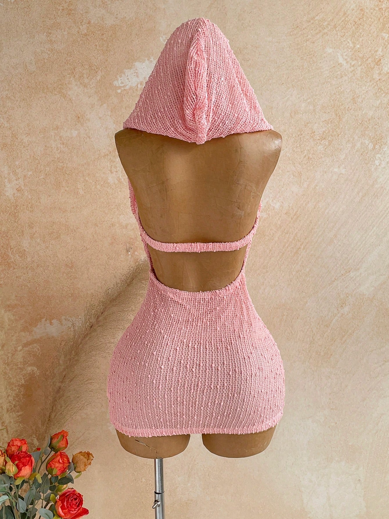 Soleia Women's Summer Romantic Sexy Vacation Mini Dress, Vintage Music Festival Party Night Out Style, Sequin Cowl Neck Hooded Bustier, Beach, Pink