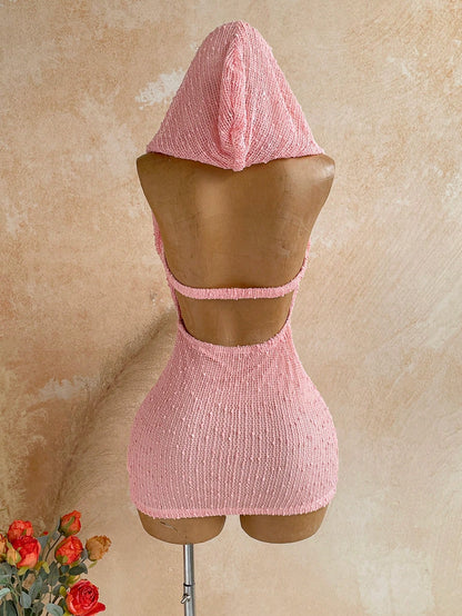 Soleia Women's Summer Romantic Sexy Vacation Mini Dress, Vintage Music Festival Party Night Out Style, Sequin Cowl Neck Hooded Bustier, Beach, Pink