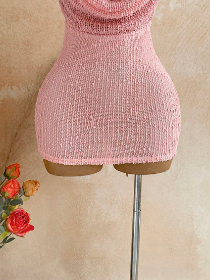 Soleia Women's Summer Romantic Sexy Vacation Mini Dress, Vintage Music Festival Party Night Out Style, Sequin Cowl Neck Hooded Bustier, Beach, Pink