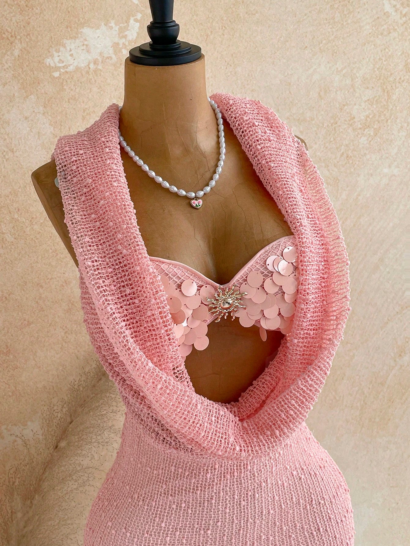 Soleia Women's Summer Romantic Sexy Vacation Mini Dress, Vintage Music Festival Party Night Out Style, Sequin Cowl Neck Hooded Bustier, Beach, Pink
