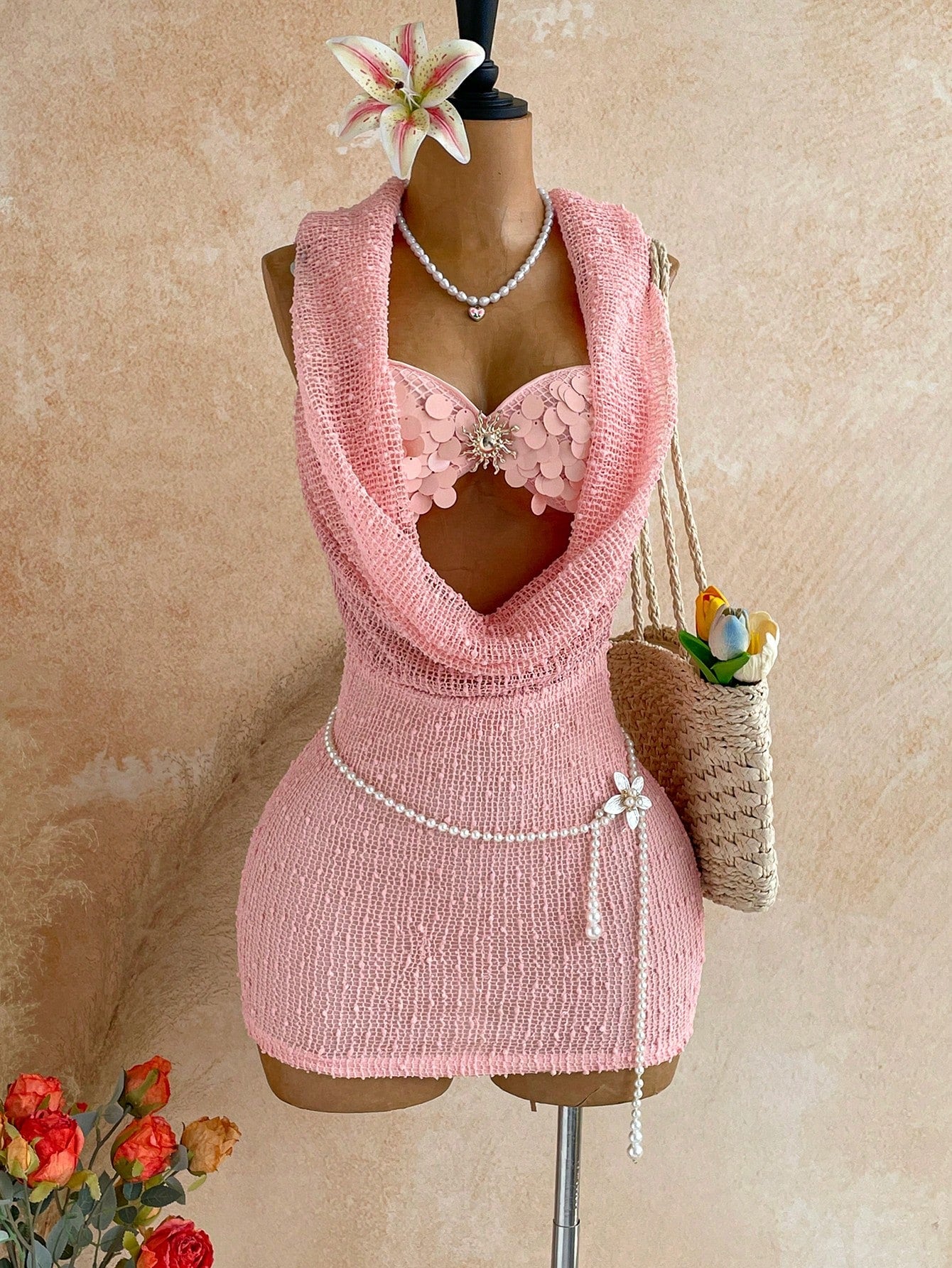 Soleia Women's Summer Romantic Sexy Vacation Mini Dress, Vintage Music Festival Party Night Out Style, Sequin Cowl Neck Hooded Bustier, Beach, Pink