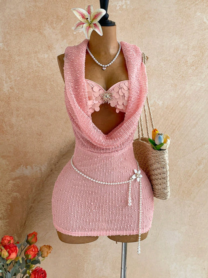 Soleia Women's Summer Romantic Sexy Vacation Mini Dress, Vintage Music Festival Party Night Out Style, Sequin Cowl Neck Hooded Bustier, Beach, Pink