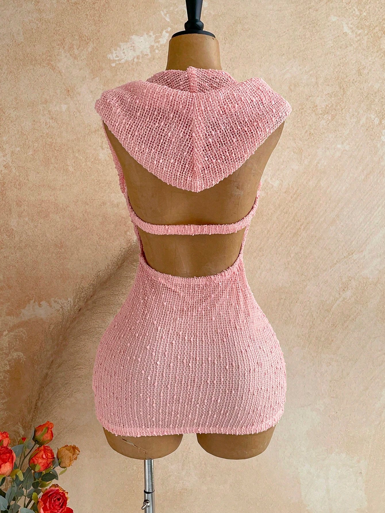 Soleia Women's Summer Romantic Sexy Vacation Mini Dress, Vintage Music Festival Party Night Out Style, Sequin Cowl Neck Hooded Bustier, Beach, Pink