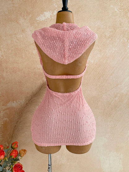 Soleia Women's Summer Romantic Sexy Vacation Mini Dress, Vintage Music Festival Party Night Out Style, Sequin Cowl Neck Hooded Bustier, Beach, Pink
