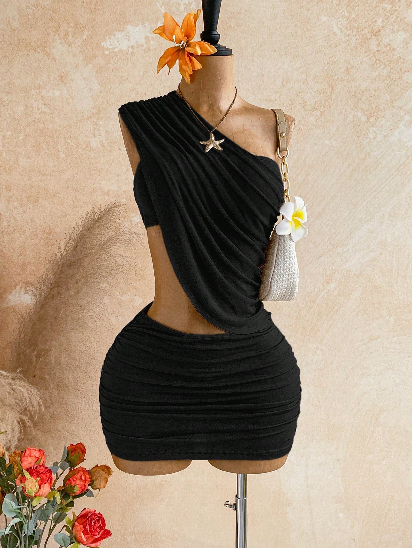 Soleia Women's Summer Sexy Beach Club Night Vacation Style One Shoulder Waist Cutout Fitted Mini Dress Black
