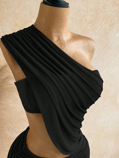 Soleia Women's Summer Sexy Beach Club Night Vacation Style One Shoulder Waist Cutout Fitted Mini Dress Black