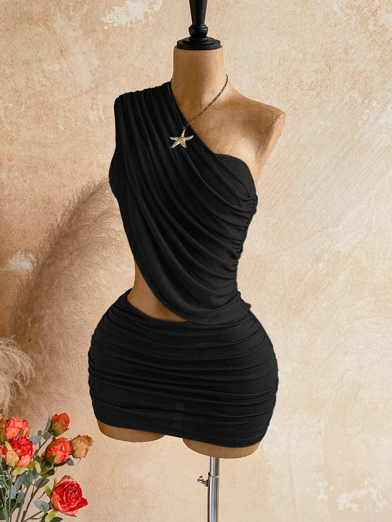 Soleia Women's Summer Sexy Beach Club Night Vacation Style One Shoulder Waist Cutout Fitted Mini Dress Black