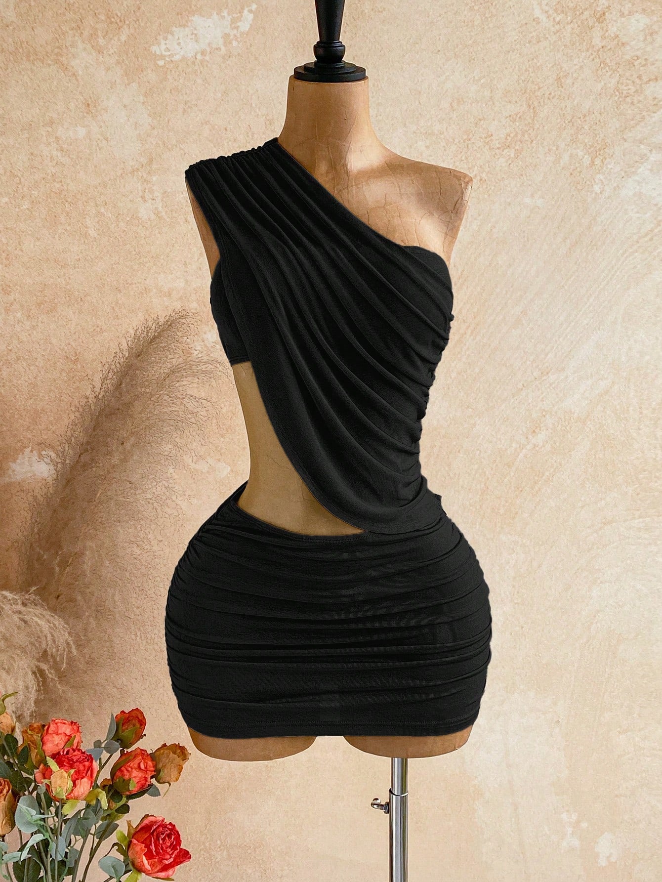 Soleia Women's Summer Sexy Beach Club Night Vacation Style One Shoulder Waist Cutout Fitted Mini Dress Black