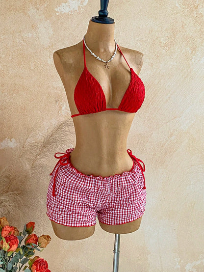Soleia Women's Summer Vacation Beach Textured Halter Bikini Set And Plaid Shorts