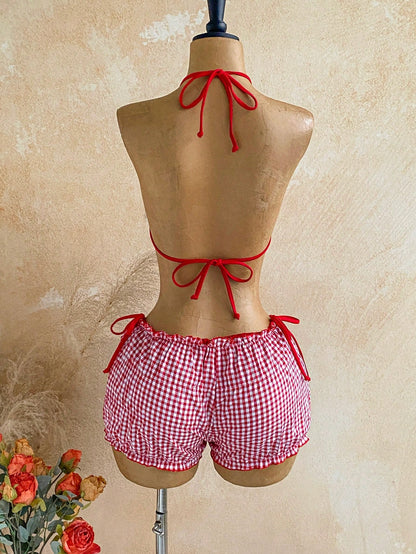 Soleia Women's Summer Vacation Beach Textured Halter Bikini Set And Plaid Shorts