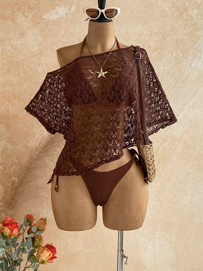 Soleia Women's Textured Beaded Halter Tie Sexy Breezy Bikini Two-Piece Swimsuit Set With Hollow Out Asymmetrical Shoulder Cover-Up Top Beach Chocolate Brown