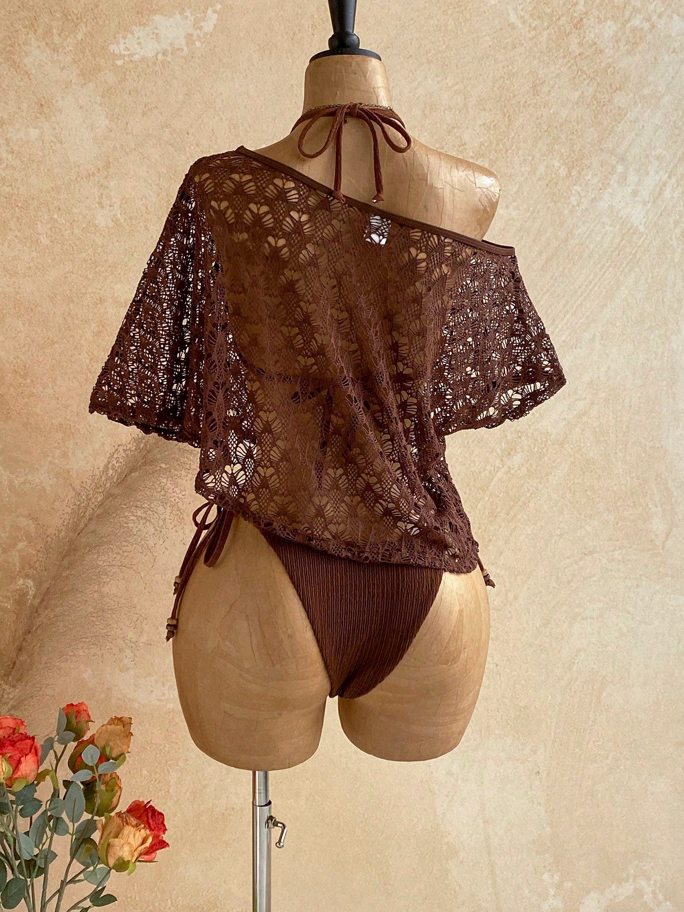 Soleia Women's Textured Beaded Halter Tie Sexy Breezy Bikini Two-Piece Swimsuit Set With Hollow Out Asymmetrical Shoulder Cover-Up Top Beach Chocolate Brown