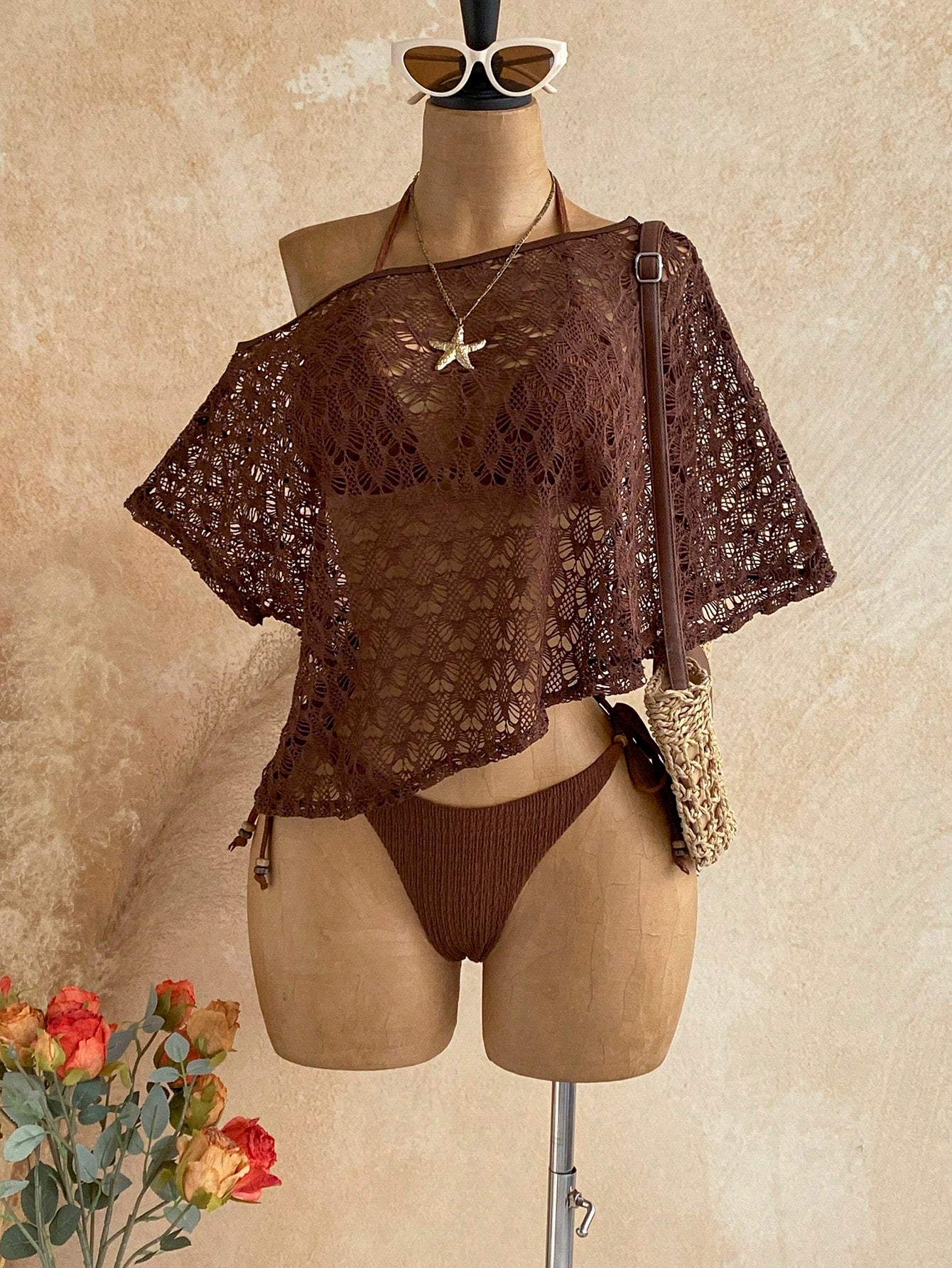 Soleia Women's Textured Beaded Halter Tie Sexy Breezy Bikini Two-Piece Swimsuit Set With Hollow Out Asymmetrical Shoulder Cover-Up Top Beach Chocolate Brown