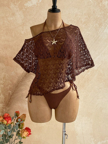 Soleia Women's Textured Beaded Halter Tie Sexy Breezy Bikini Two-Piece Swimsuit Set With Hollow Out Asymmetrical Shoulder Cover-Up Top Beach Chocolate Brown