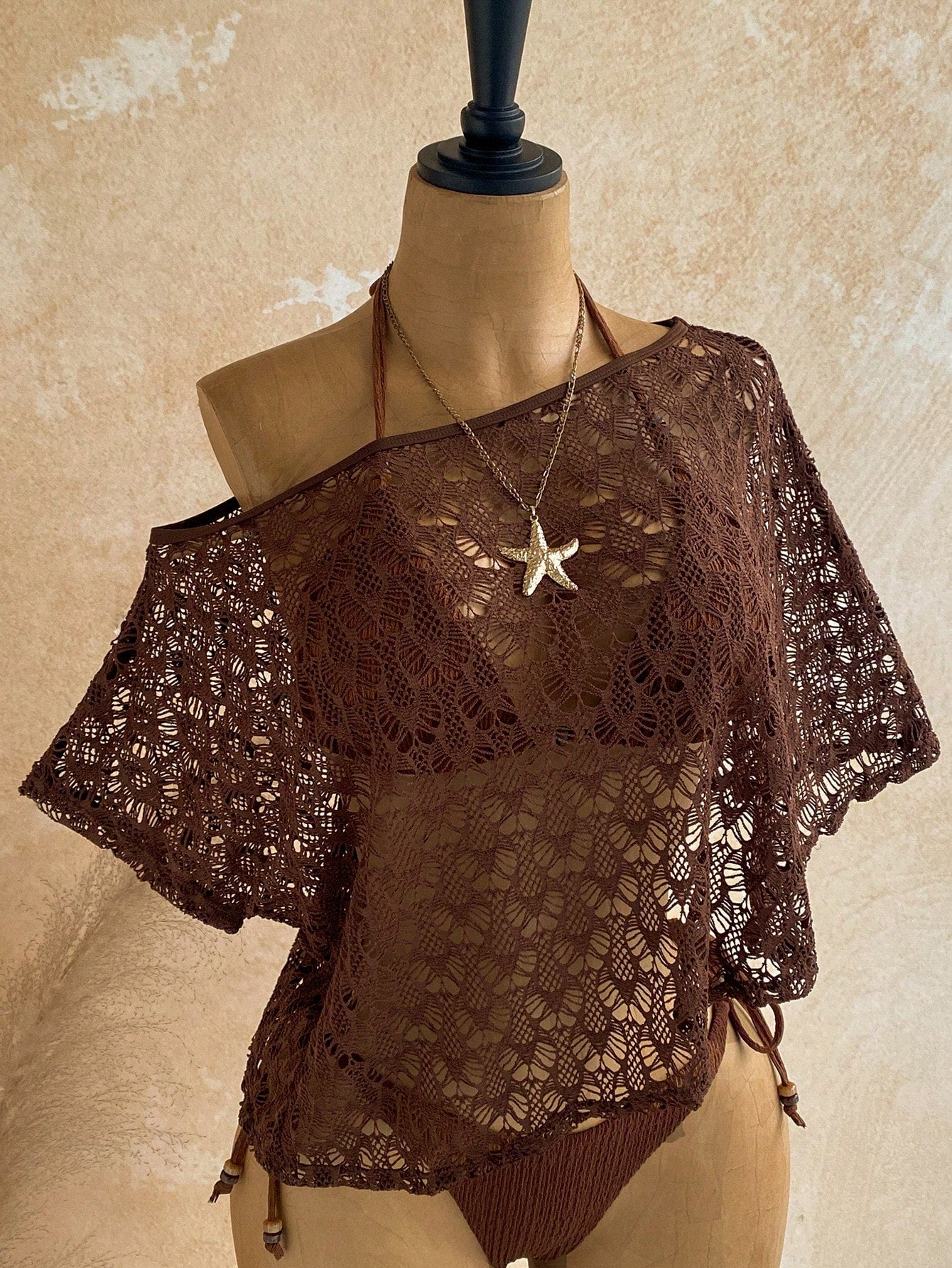 Soleia Women's Textured Beaded Halter Tie Sexy Breezy Bikini Two-Piece Swimsuit Set With Hollow Out Asymmetrical Shoulder Cover-Up Top Beach Chocolate Brown