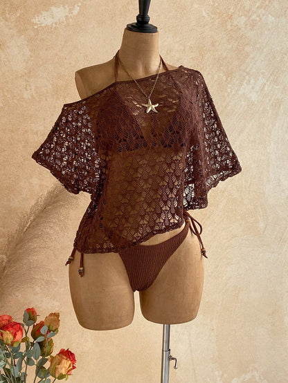 Soleia Women's Textured Beaded Halter Tie Sexy Breezy Bikini Two-Piece Swimsuit Set With Hollow Out Asymmetrical Shoulder Cover-Up Top Beach Chocolate Brown