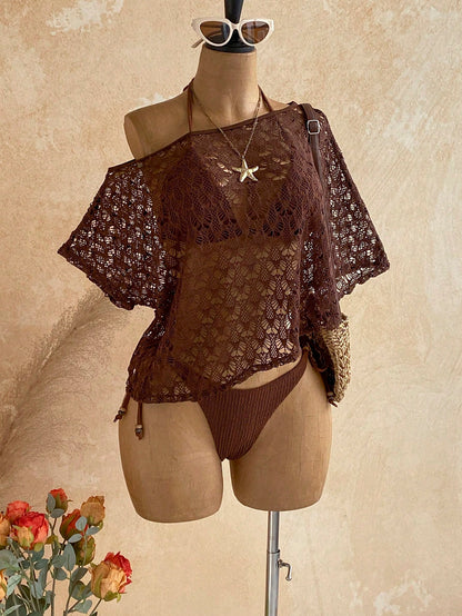Soleia Women's Textured Beaded Halter Tie Sexy Breezy Bikini Two-Piece Swimsuit Set With Hollow Out Asymmetrical Shoulder Cover-Up Top Beach Chocolate Brown