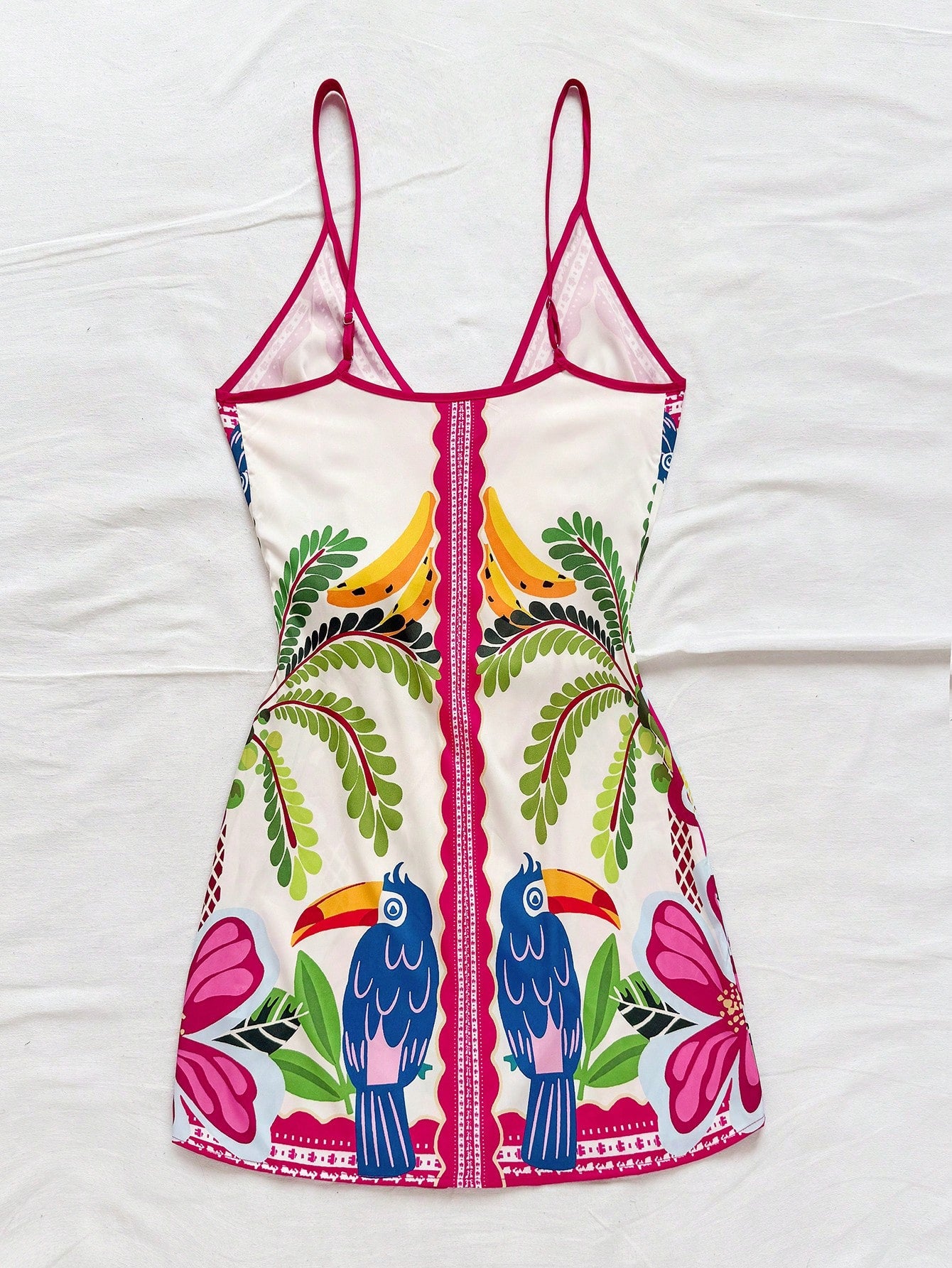 Soleia Women's Tropical Coconut Tree & Palm Leaf Print Wrap Cami Mini Dress, Vacation Style Tropical Outfit Tropical Vacation Dress No Chest Padding