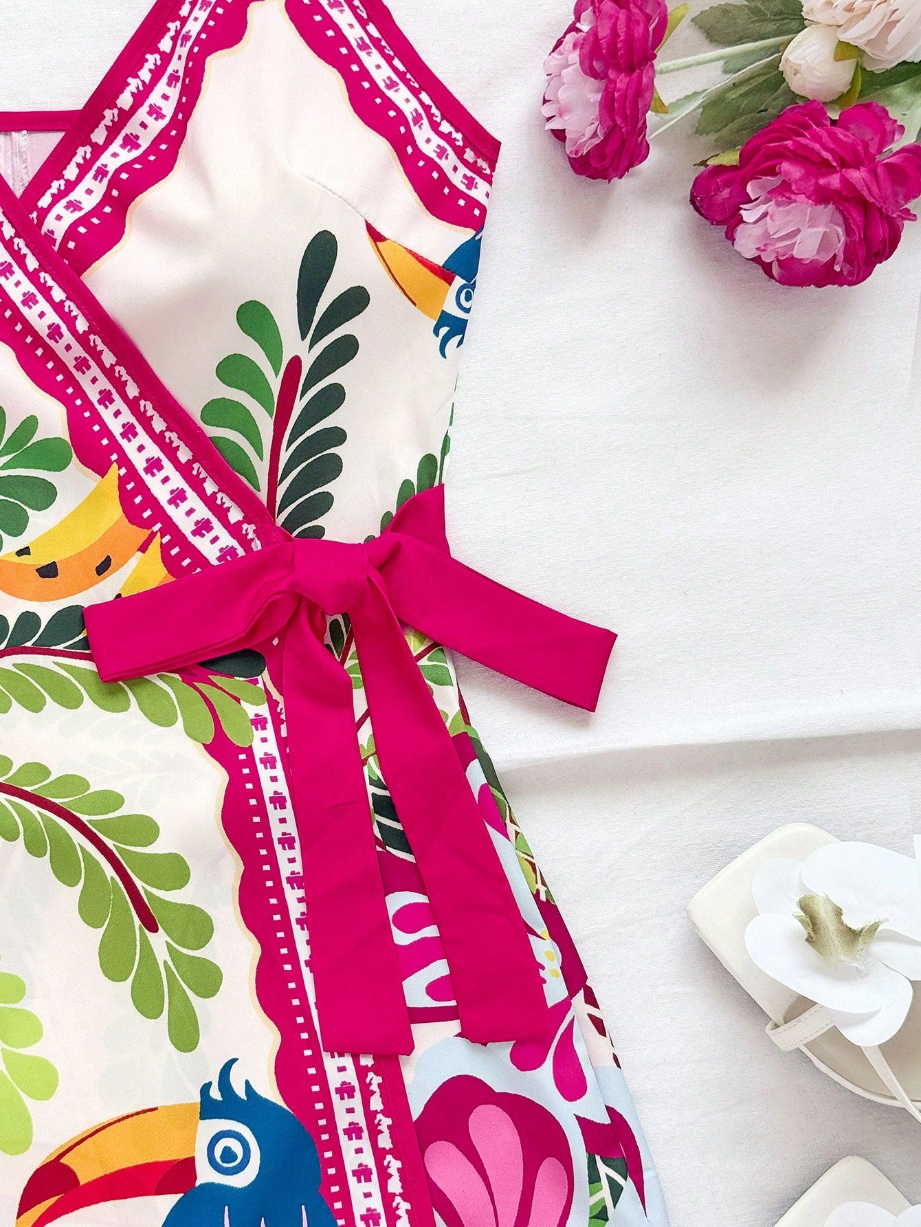 Soleia Women's Tropical Coconut Tree & Palm Leaf Print Wrap Cami Mini Dress, Vacation Style Tropical Outfit Tropical Vacation Dress No Chest Padding