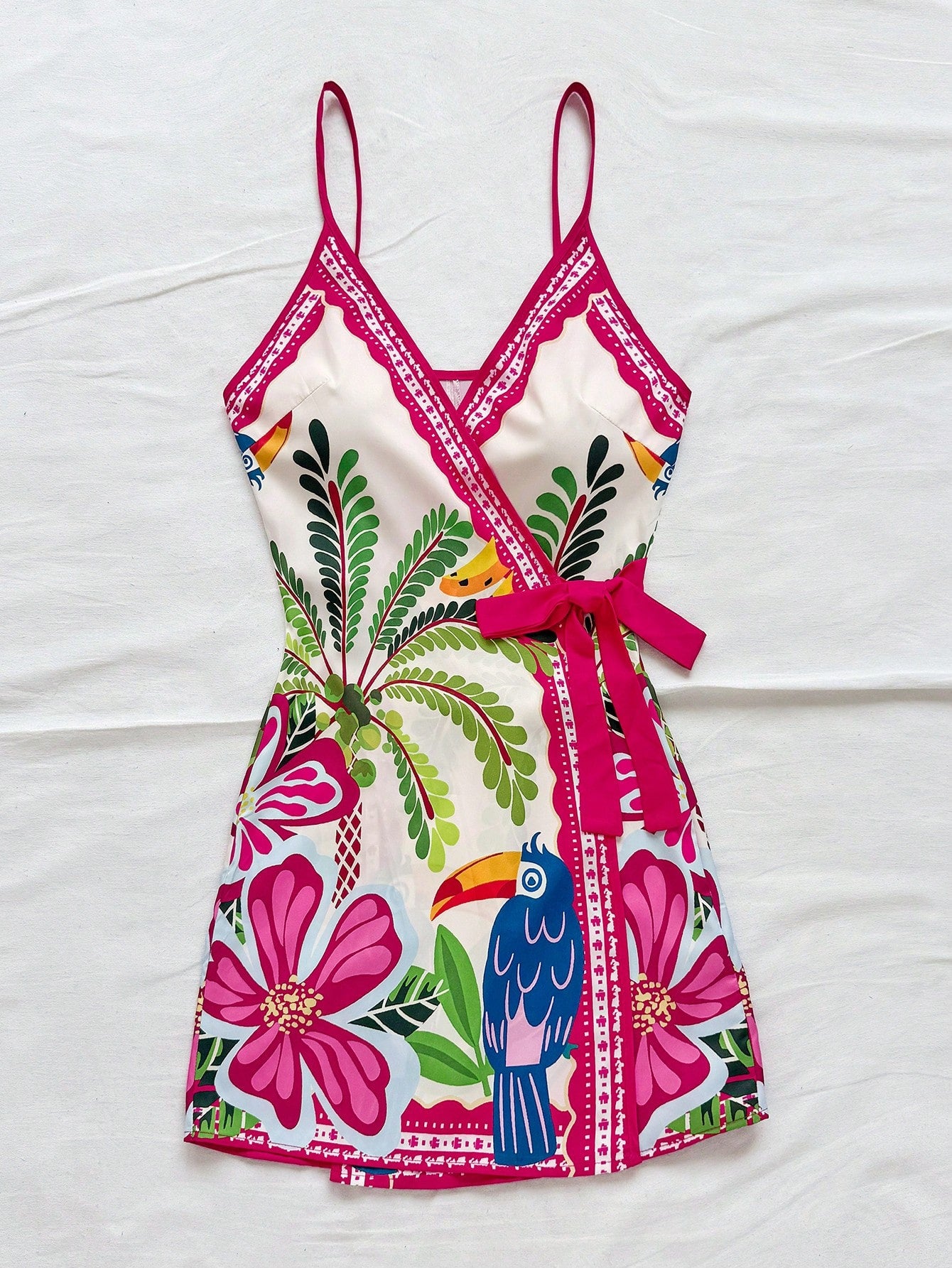 Soleia Women's Tropical Coconut Tree & Palm Leaf Print Wrap Cami Mini Dress, Vacation Style Tropical Outfit Tropical Vacation Dress No Chest Padding