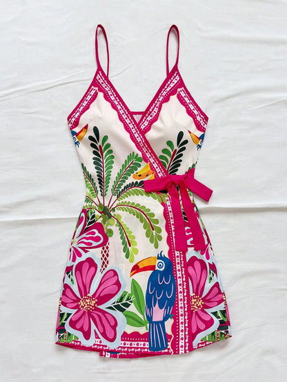 Soleia Women's Tropical Coconut Tree & Palm Leaf Print Wrap Cami Mini Dress, Vacation Style Tropical Outfit Tropical Vacation Dress No Chest Padding