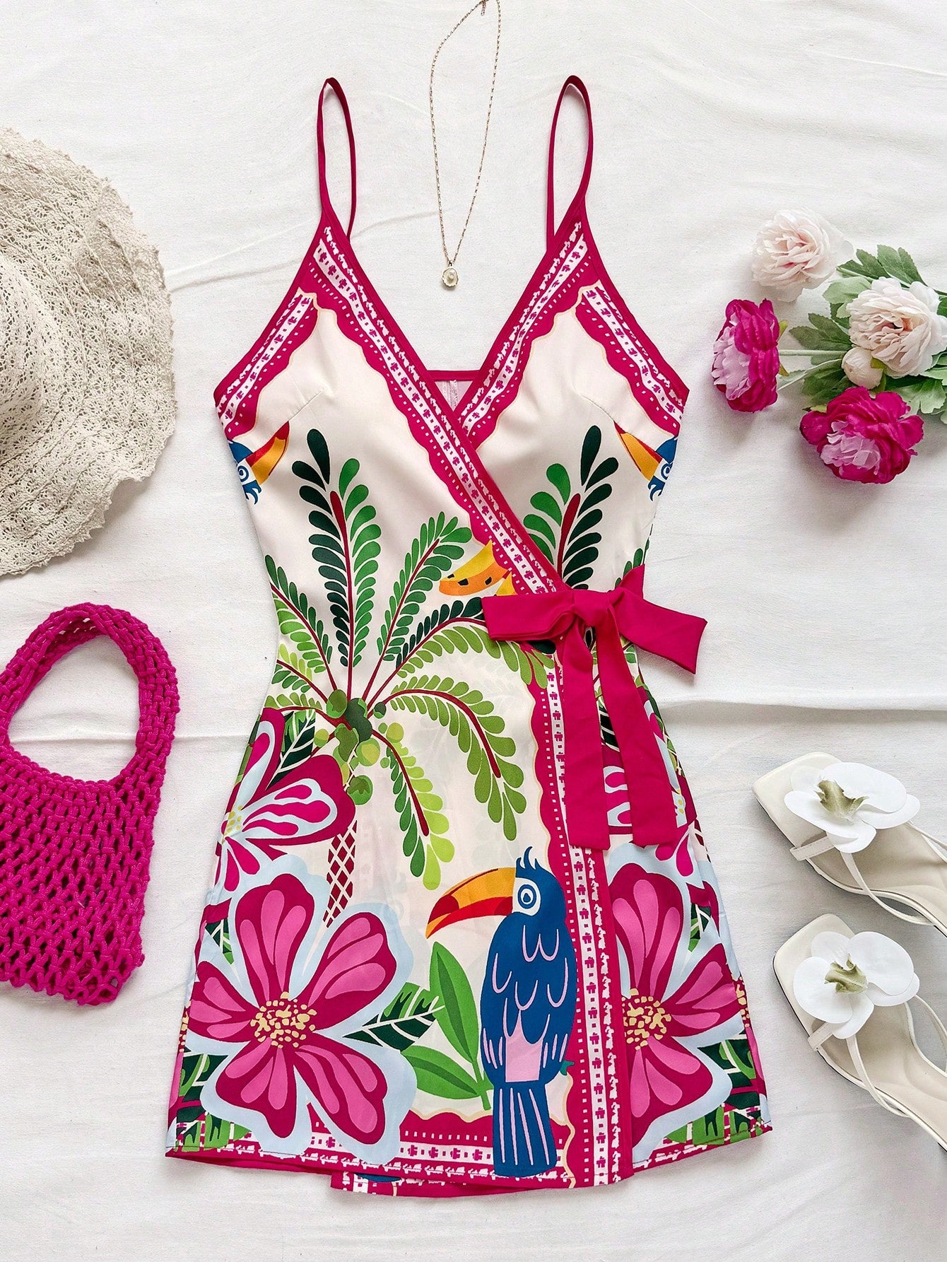 Soleia Women's Tropical Coconut Tree & Palm Leaf Print Wrap Cami Mini Dress, Vacation Style Tropical Outfit Tropical Vacation Dress No Chest Padding