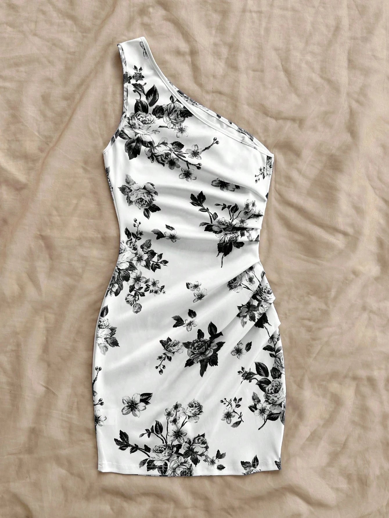 Soleia Women's Vacation Blue & White Print Asymmetric Neck Midi Dress