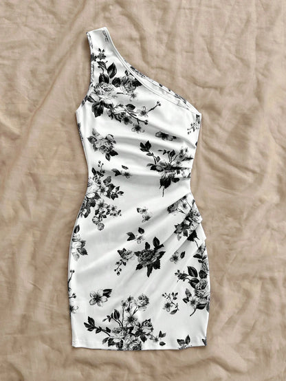 Soleia Women's Vacation Blue & White Print Asymmetric Neck Midi Dress