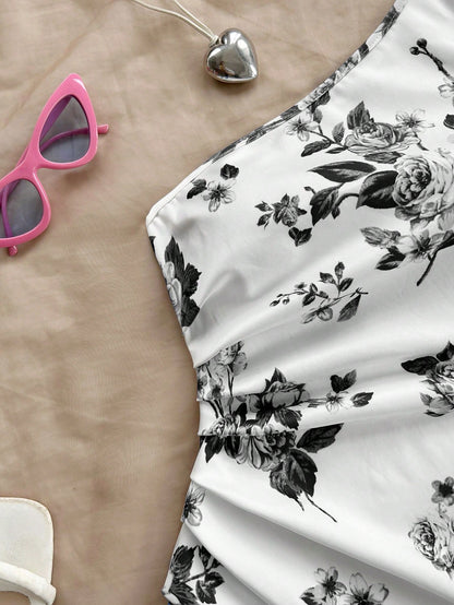 Soleia Women's Vacation Blue & White Print Asymmetric Neck Midi Dress