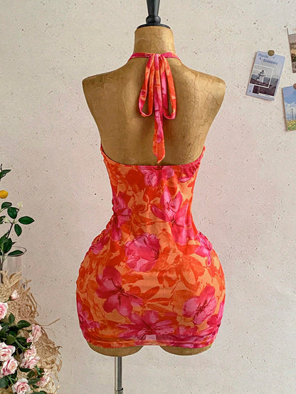 Soleia Women's Vacation Casual Tropical Elegant Halter Backless Ruffle Allover Print Ruched Bodycon Mini Dress, Spring/Summer Orange Red Beach