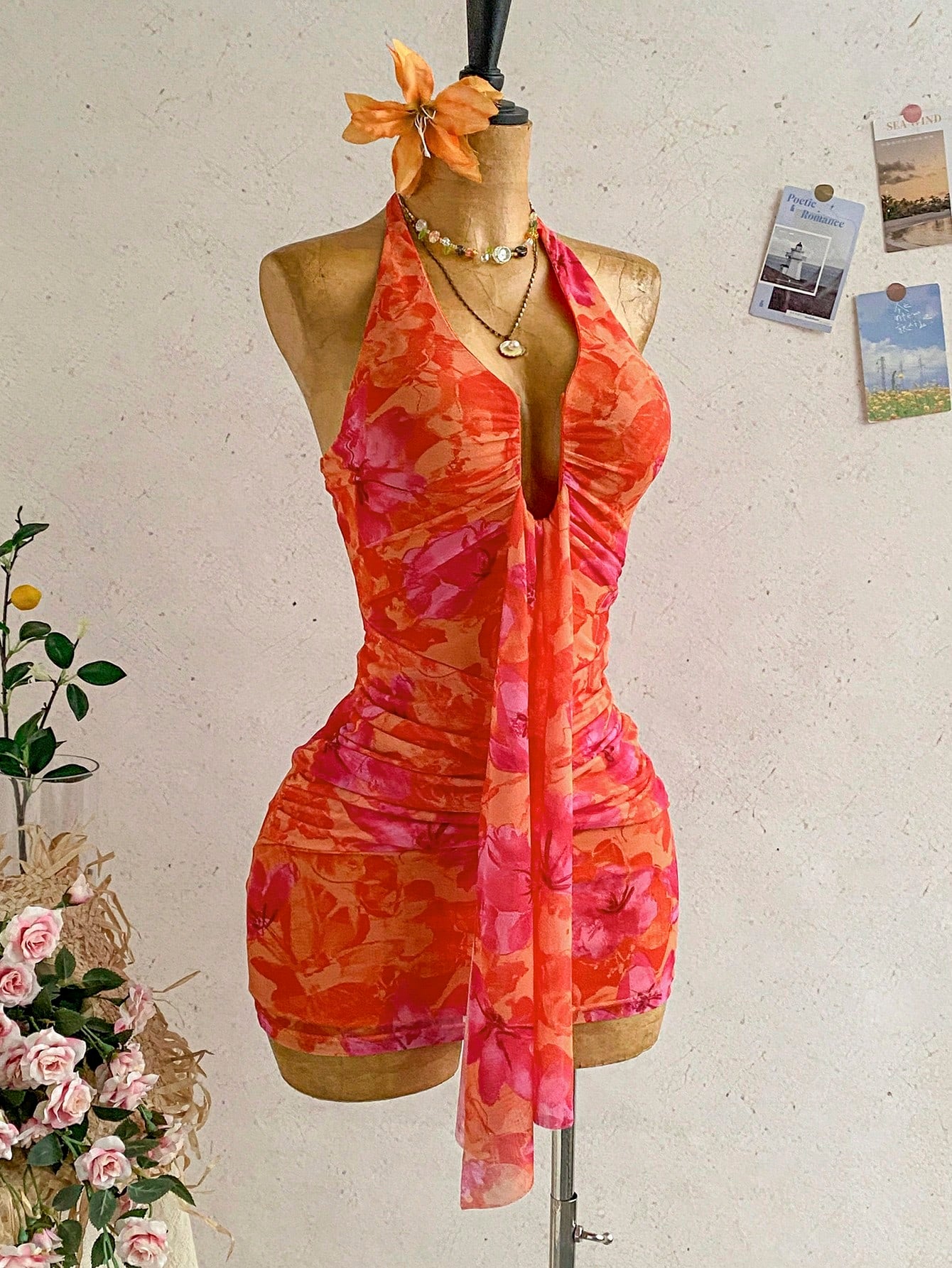 Soleia Women's Vacation Casual Tropical Elegant Halter Backless Ruffle Allover Print Ruched Bodycon Mini Dress, Spring/Summer Orange Red Beach