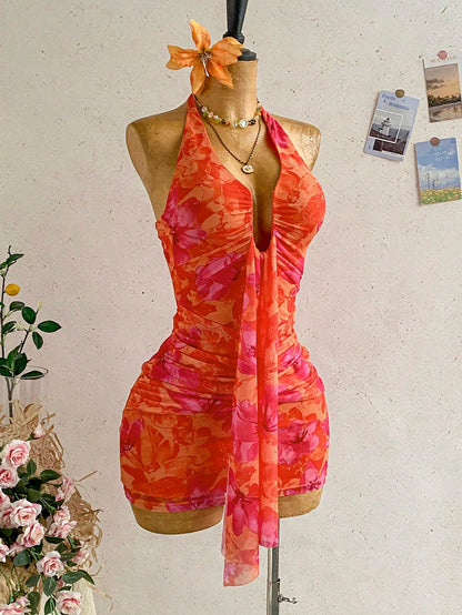 Soleia Women's Vacation Casual Tropical Elegant Halter Backless Ruffle Allover Print Ruched Bodycon Mini Dress, Spring/Summer Orange Red Beach