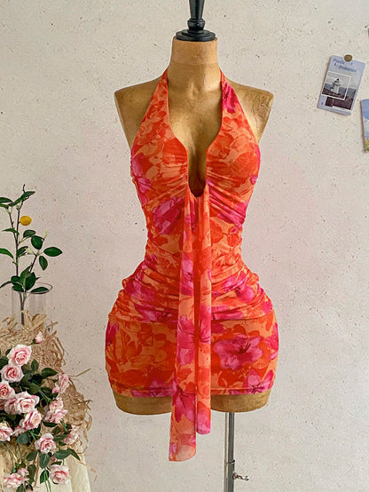 Soleia Women's Vacation Casual Tropical Elegant Halter Backless Ruffle Allover Print Ruched Bodycon Mini Dress, Spring/Summer Orange Red Beach