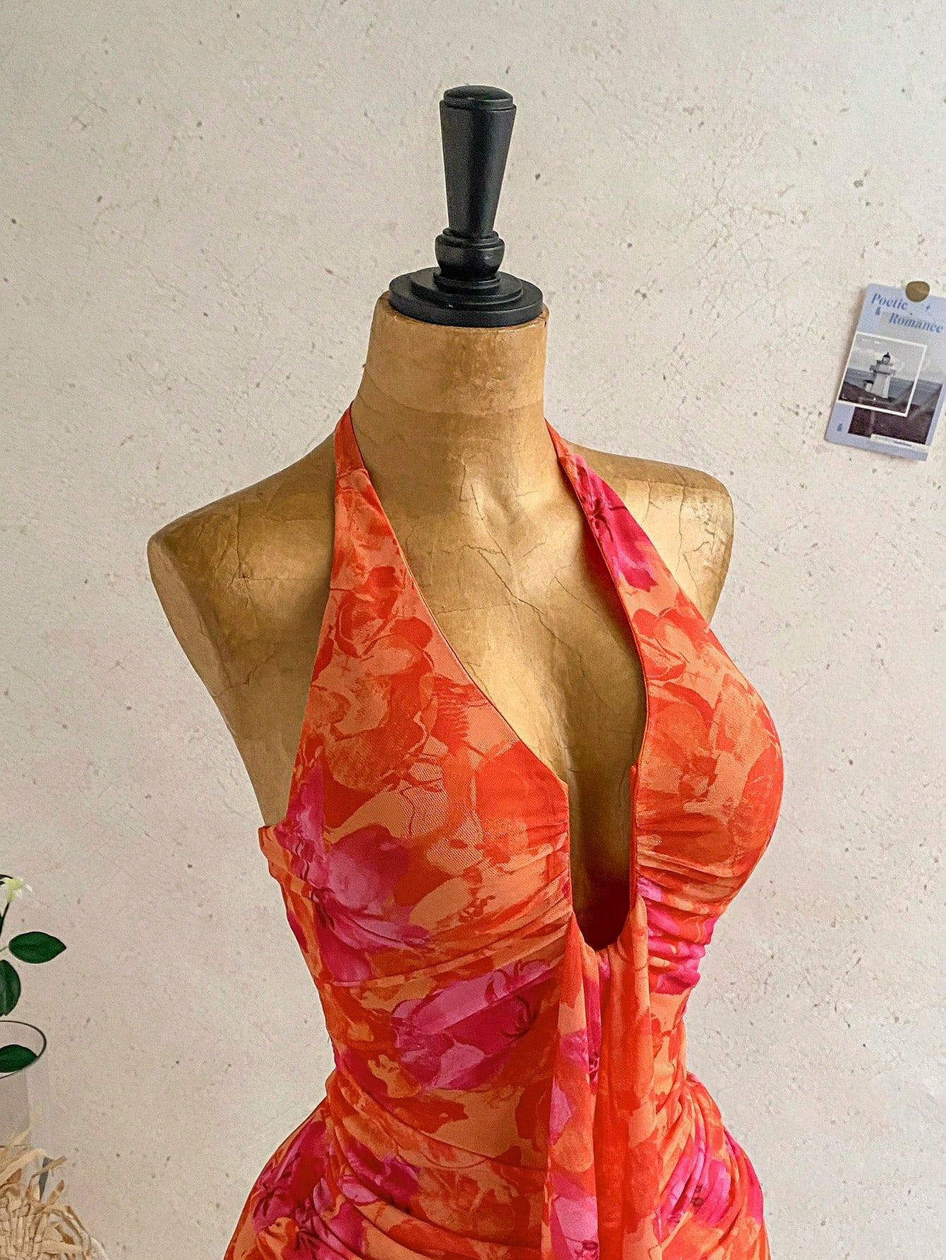 Soleia Women's Vacation Casual Tropical Elegant Halter Backless Ruffle Allover Print Ruched Bodycon Mini Dress, Spring/Summer Orange Red Beach