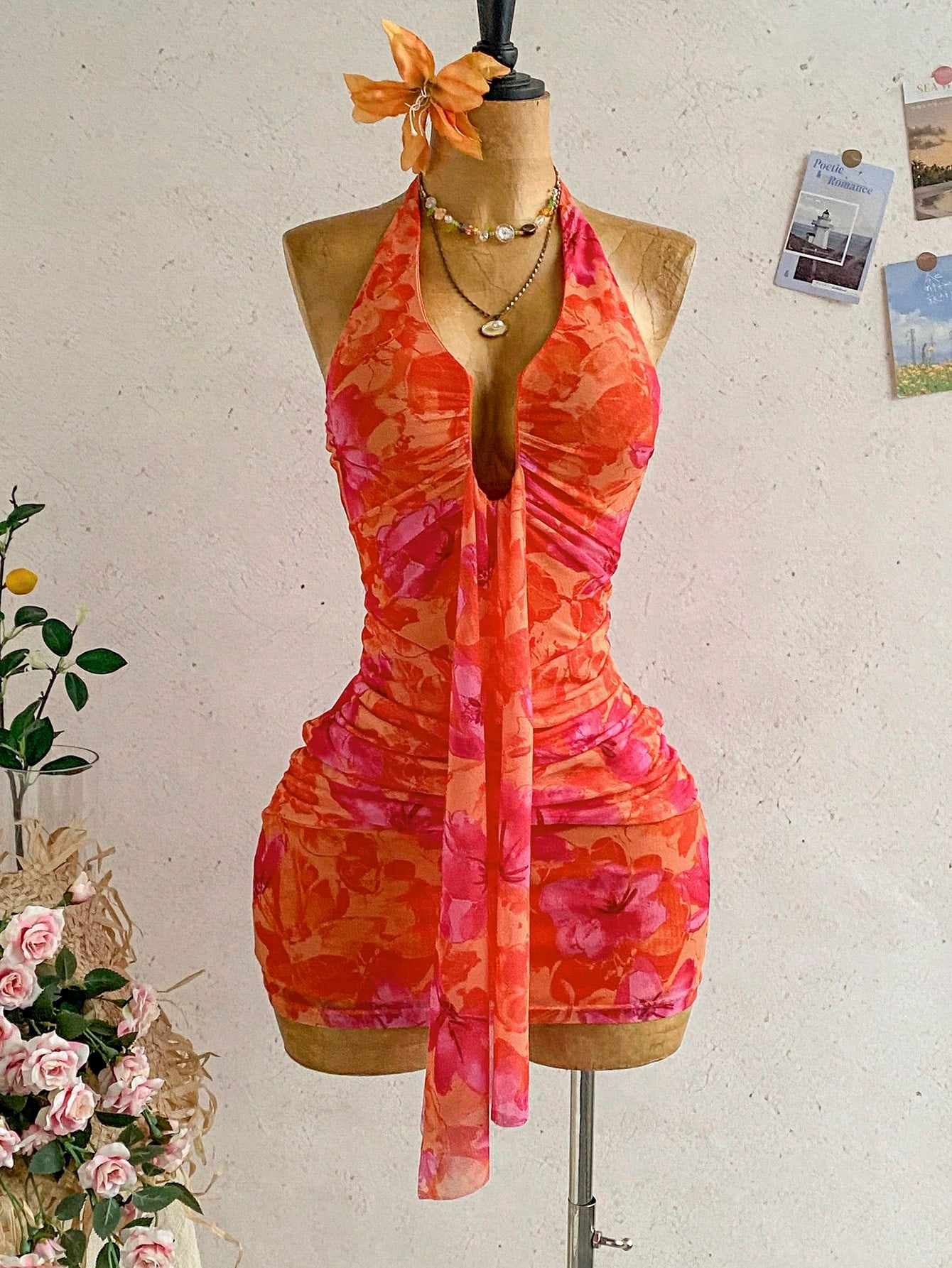 Soleia Women's Vacation Casual Tropical Elegant Halter Backless Ruffle Allover Print Ruched Bodycon Mini Dress, Spring/Summer Orange Red Beach