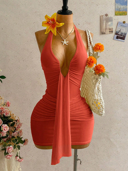 Soleia Women's Vacation Casual Tropical Elegant Halter Backless Ruffle Allover Print Ruched Bodycon Mini Dress, Spring/Summer Orange Red Beach