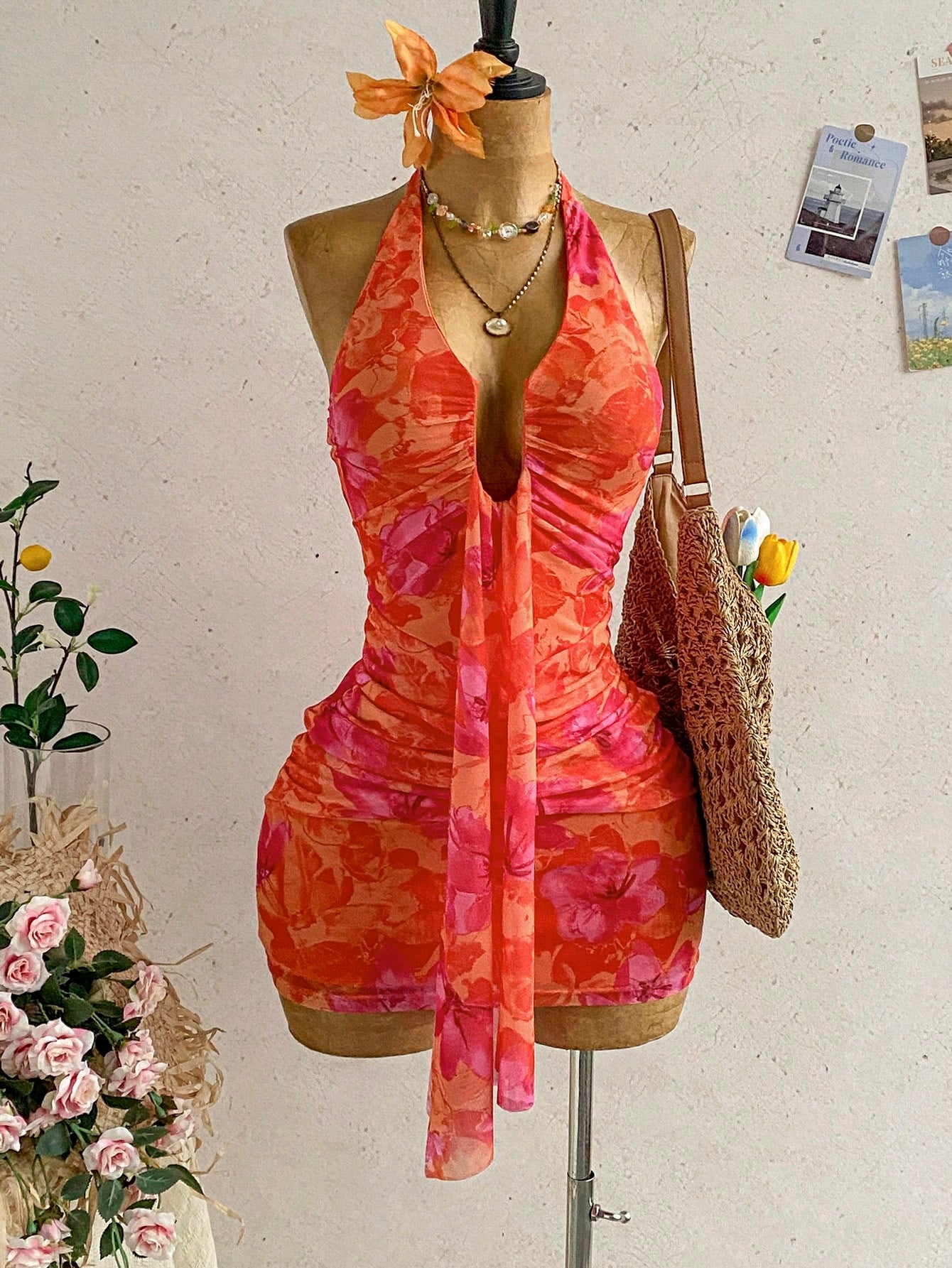 Soleia Women's Vacation Casual Tropical Elegant Halter Backless Ruffle Allover Print Ruched Bodycon Mini Dress, Spring/Summer Orange Red Beach