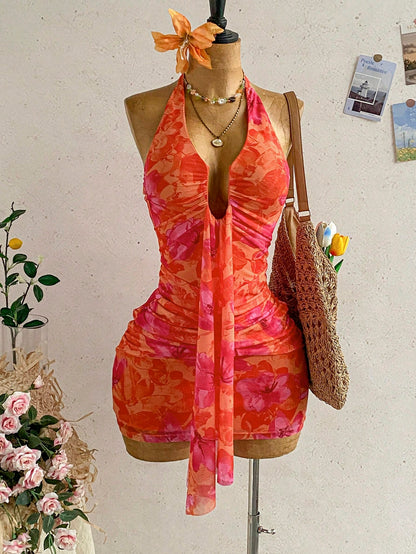 Soleia Women's Vacation Casual Tropical Elegant Halter Backless Ruffle Allover Print Ruched Bodycon Mini Dress, Spring/Summer Orange Red Beach