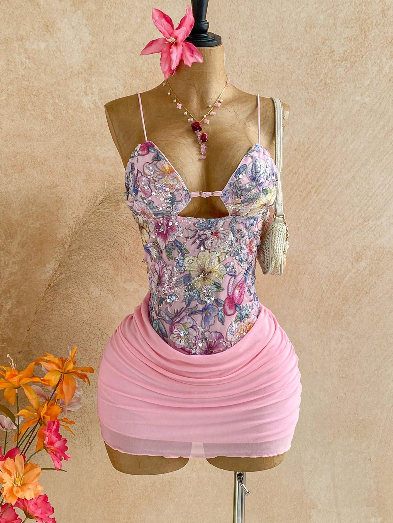 Soleia Women's Vacation Floral Sequin Ruched Bodycon Cami Mini Dress,Pink Dress