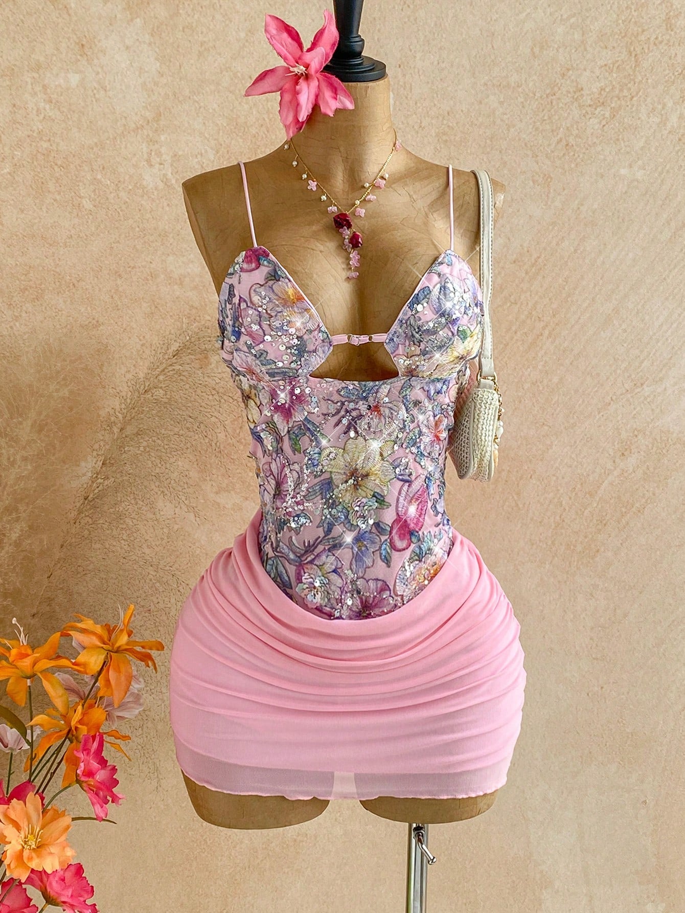 Soleia Women's Vacation Floral Sequin Ruched Bodycon Cami Mini Dress,Pink Dress