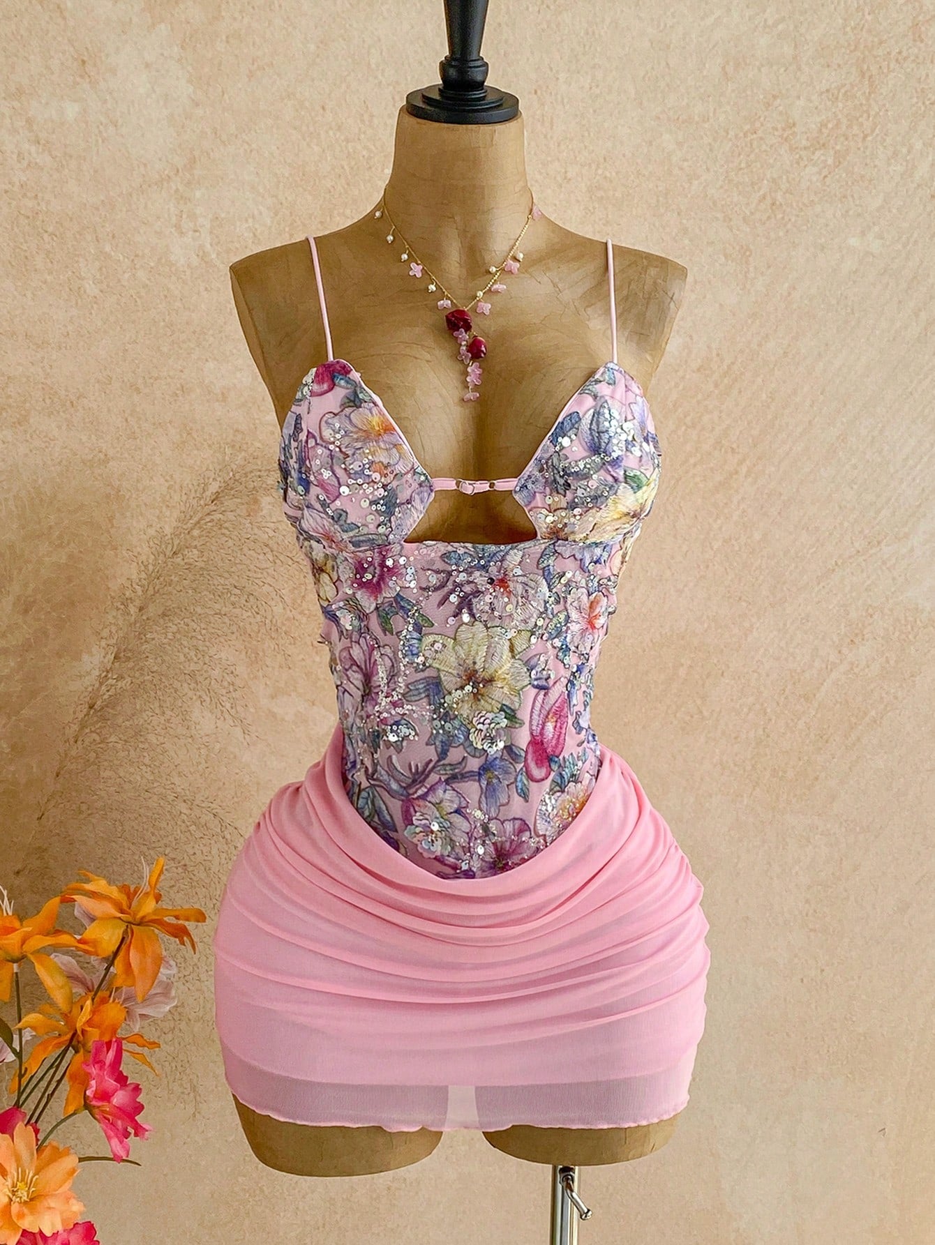 Soleia Women's Vacation Floral Sequin Ruched Bodycon Cami Mini Dress,Pink Dress