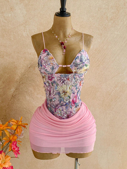 Soleia Women's Vacation Floral Sequin Ruched Bodycon Cami Mini Dress,Pink Dress